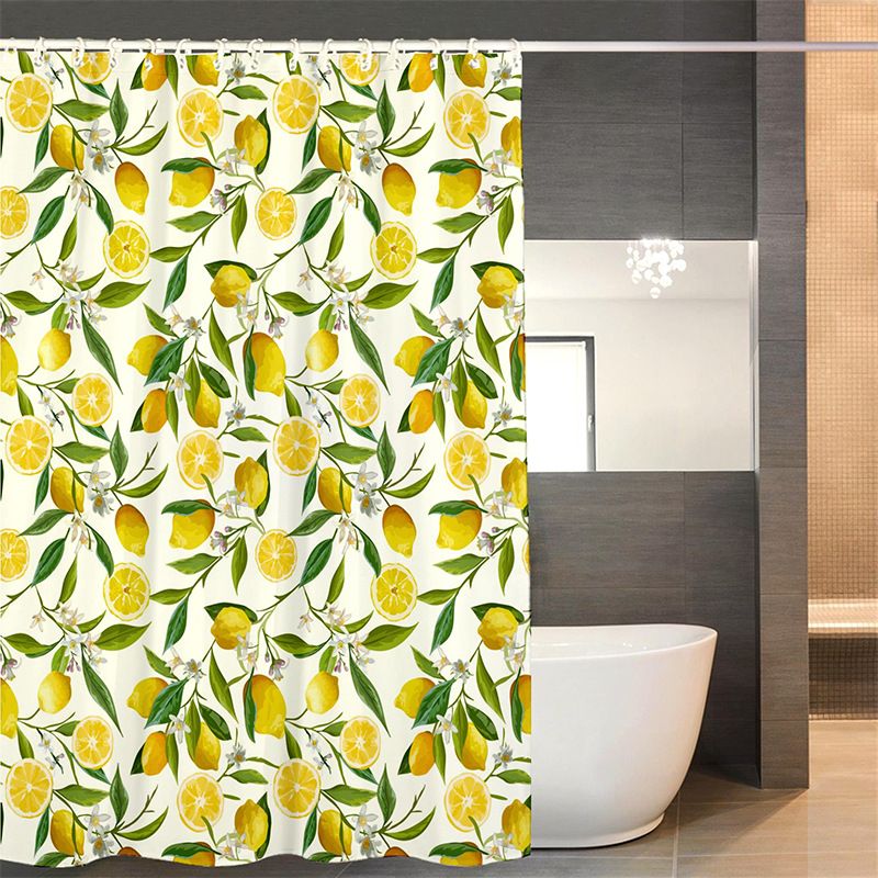 Lemon Shower Curtain, Allover Fruits Green Leaves Plant Design Waterproof Fabric Bathroom Curtains Set with 12 Hooks