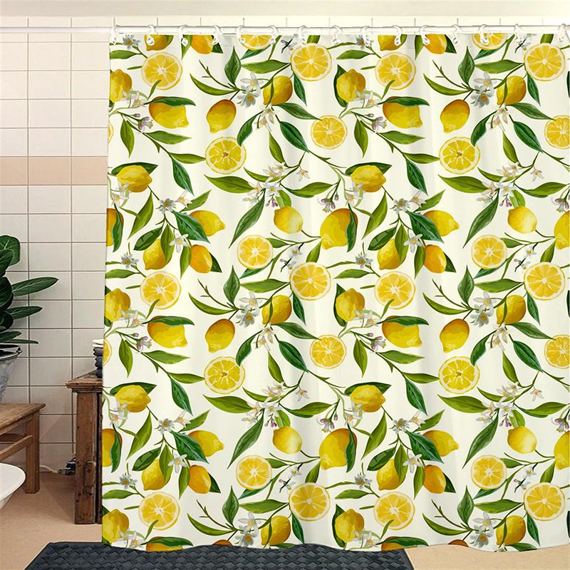 Lemon Shower Curtain, Allover Fruits Green Leaves Plant Design Waterproof Fabric Bathroom Curtains Set with 12 Hooks