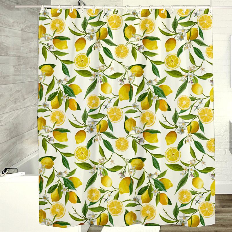 Lemon Shower Curtain, Allover Fruits Green Leaves Plant Design Waterproof Fabric Bathroom Curtains Set with 12 Hooks