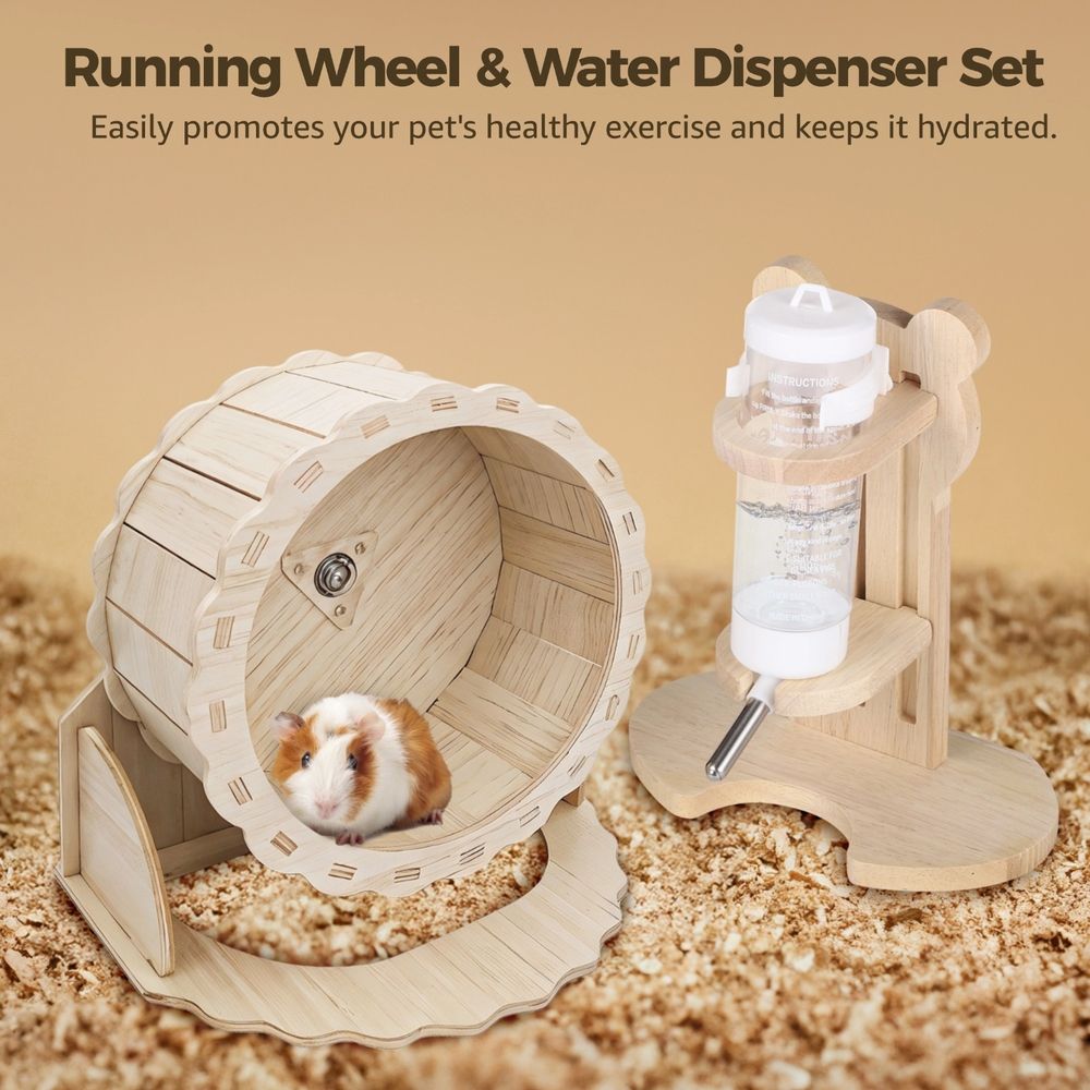 2PCS Hamster Wheel Set, Includes Silent Exercise Wheel and Adjustable Water Dispenser Stand, Hamster Running Wheel with Water Feeder, Ideal for Hedgehogs and Guinea Pigs