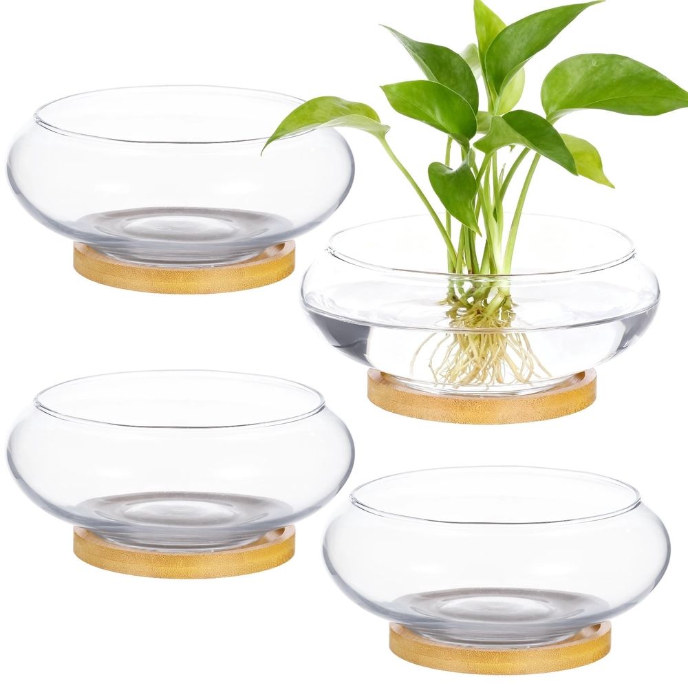 4PCS Lotus Bowl Planters with Wood Trays, 6" Round Glass Vase for Hydroponics, Fish Bowl Design, Ideal for Home Decor, Wedding, and Party Centerpieces