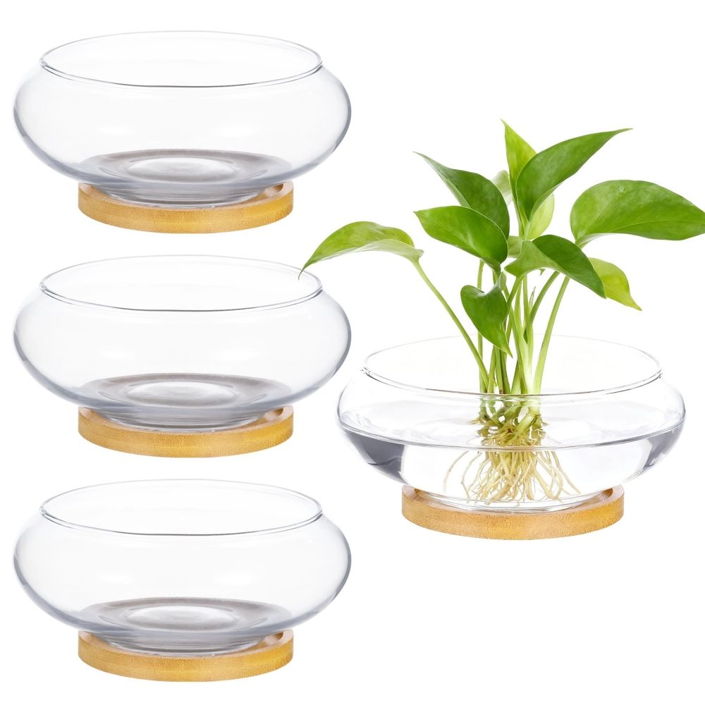4PCS Lotus Bowl Planters with Wood Trays, 6" Round Glass Vase for Hydroponics, Fish Bowl Design, Ideal for Home Decor, Wedding, and Party Centerpieces