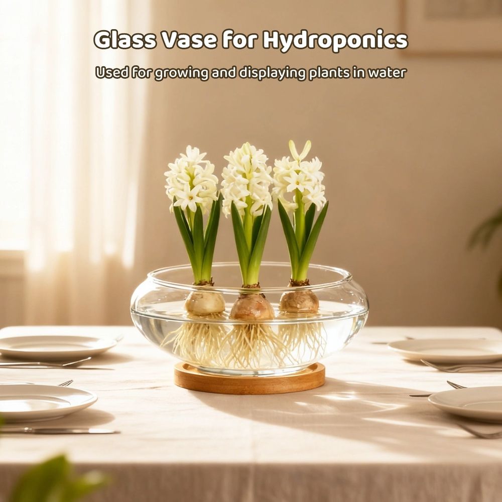 4PCS Lotus Bowl Planters with Wood Trays, 6" Round Glass Vase for Hydroponics, Fish Bowl Design, Ideal for Home Decor, Wedding, and Party Centerpieces