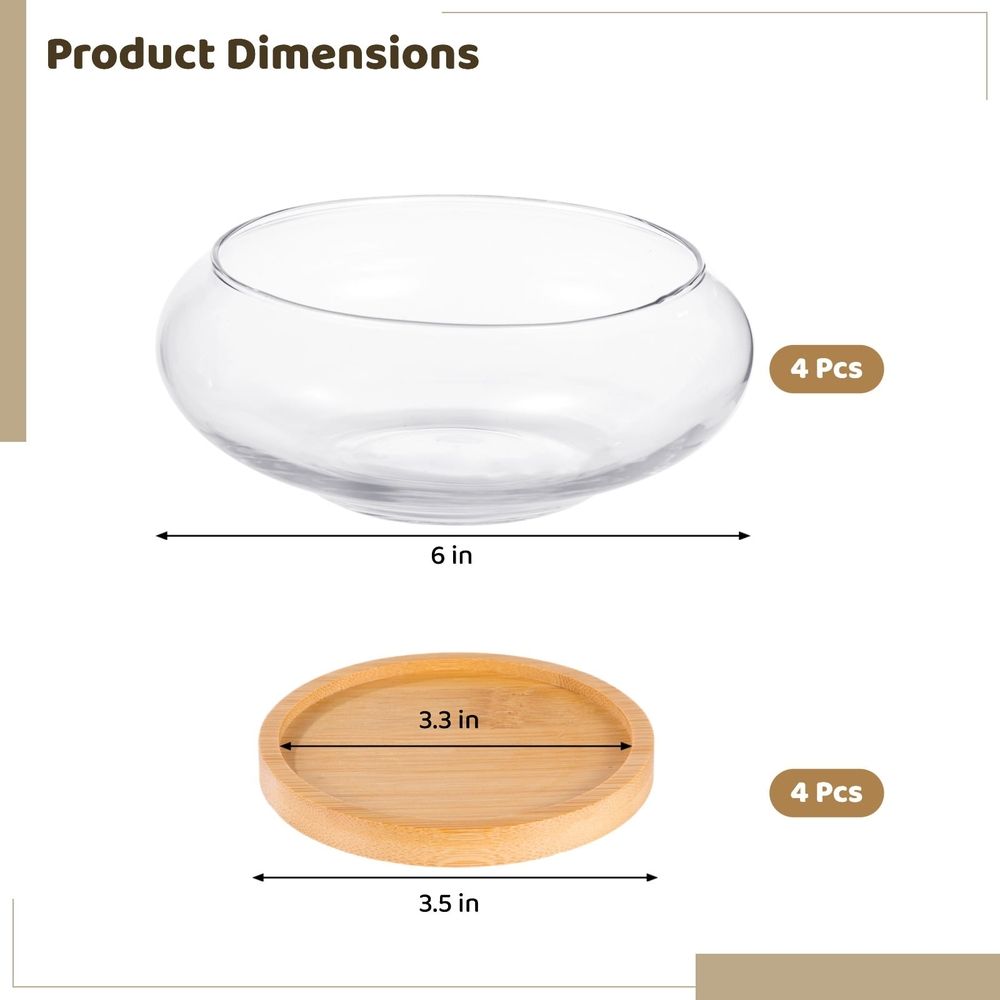4PCS Lotus Bowl Planters with Wood Trays, 6" Round Glass Vase for Hydroponics, Fish Bowl Design, Ideal for Home Decor, Wedding, and Party Centerpieces