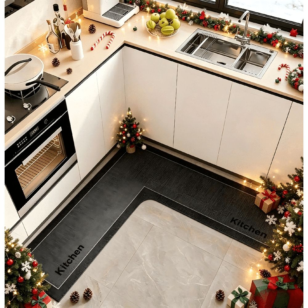 L Shaped Kitchen Rug Corner Mat Non Slip Memory Foam Machine Washable Absorbent Microfiber Rug for Floor For Cooking Station Khaki 47x30 Inch