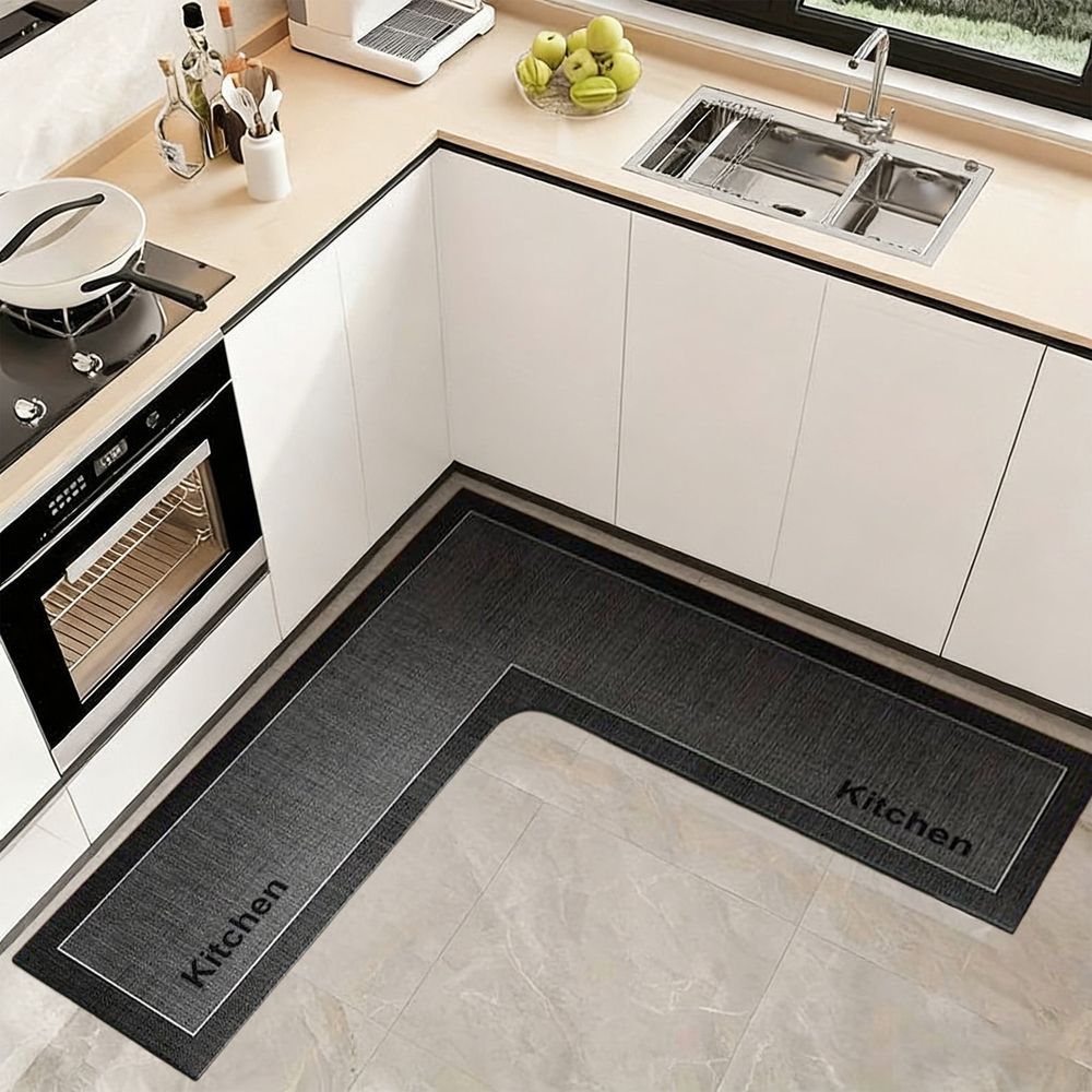 L Shaped Kitchen Rug Corner Mat Non Slip Memory Foam Machine Washable Absorbent Microfiber Rug for Floor For Cooking Station Khaki 47x30 Inch
