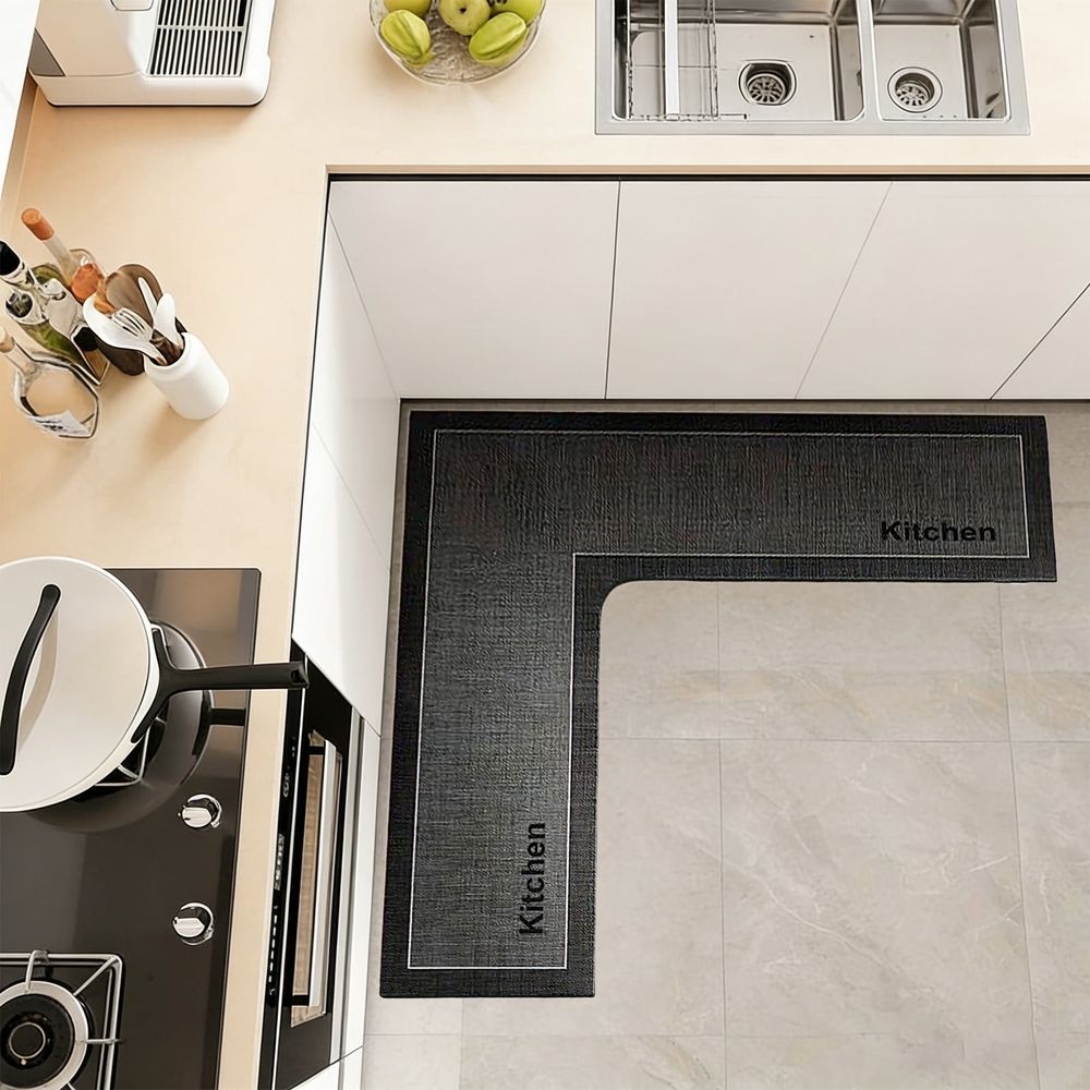 L Shaped Kitchen Rug Corner Mat Non Slip Memory Foam Machine Washable Absorbent Microfiber Rug for Floor For Cooking Station Khaki 47x30 Inch