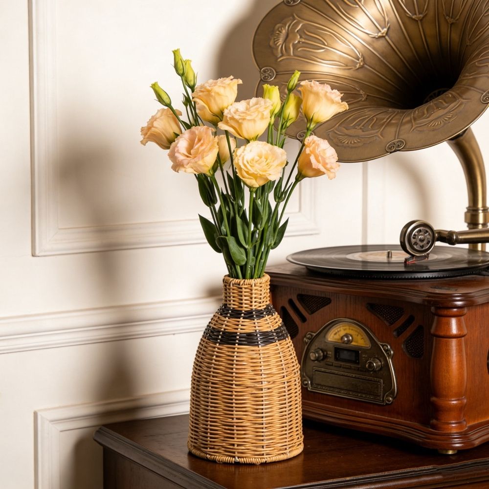 Rattan Vase, Small Braided Boho Vases, Hand Woven Vases Decor, Rustic Farmhouse Round Wicker Vase Basket for Centerpieces
