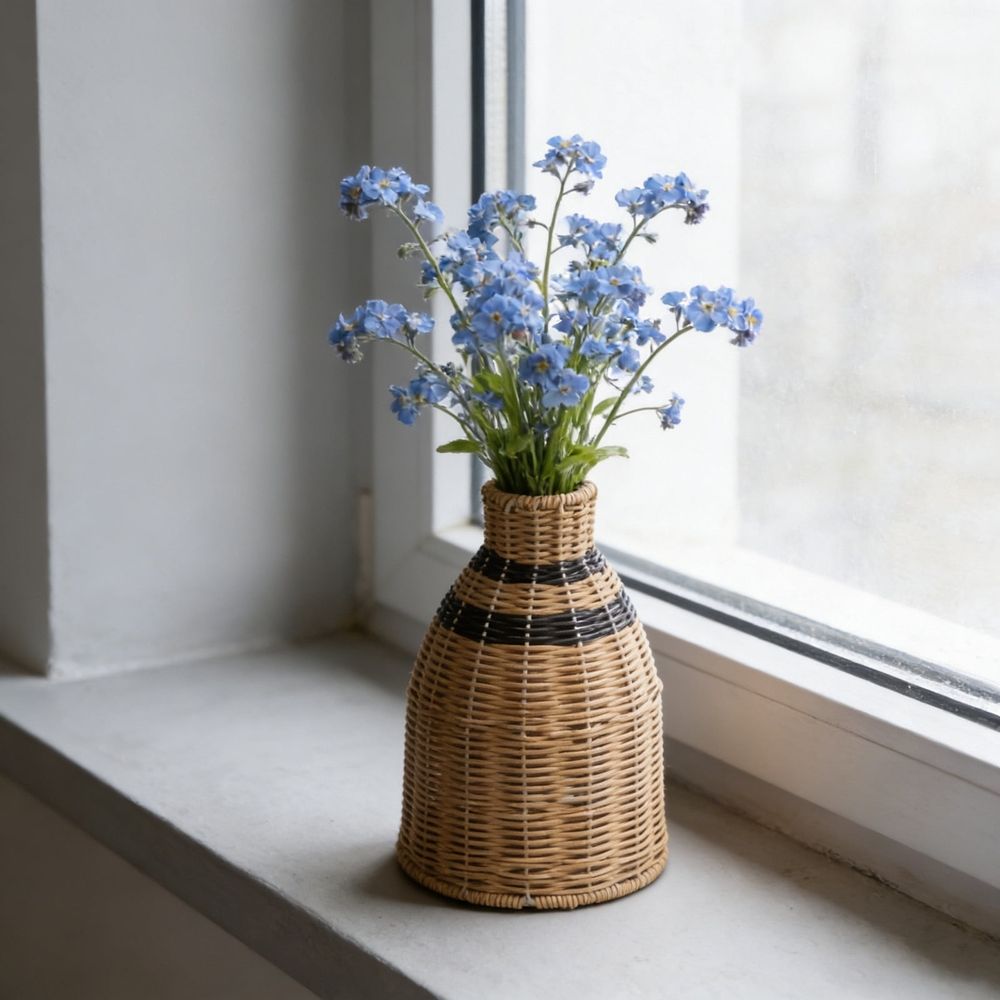 Rattan Vase, Small Braided Boho Vases, Hand Woven Vases Decor, Rustic Farmhouse Round Wicker Vase Basket for Centerpieces