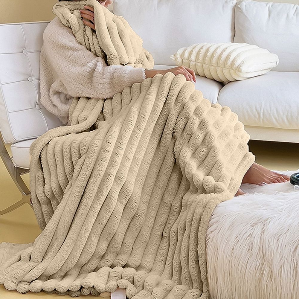 Flannel Fleece Throw Blanket 59"x39" Warm Soft All Season Striped Blanket Microfiber Ribbed Fuzzy Throw for Home Living Room Couch Bed Sofa Chair Armchair Lounger Indoor Cozy Nook Decor