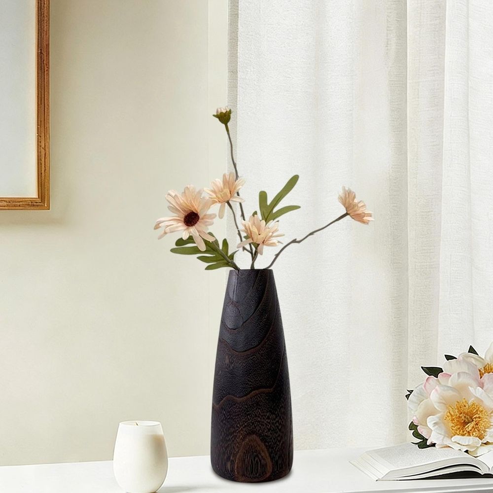 Solid Wood Flower Vase, Minimalist Home Decor Floral Container for Table Living Room Display Cabinet, Brown