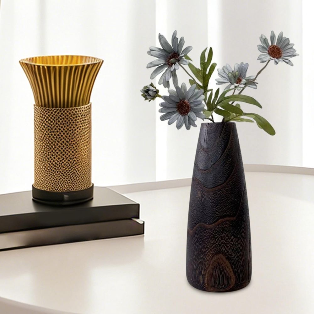 Solid Wood Flower Vase, Minimalist Home Decor Floral Container for Table Living Room Display Cabinet, Brown