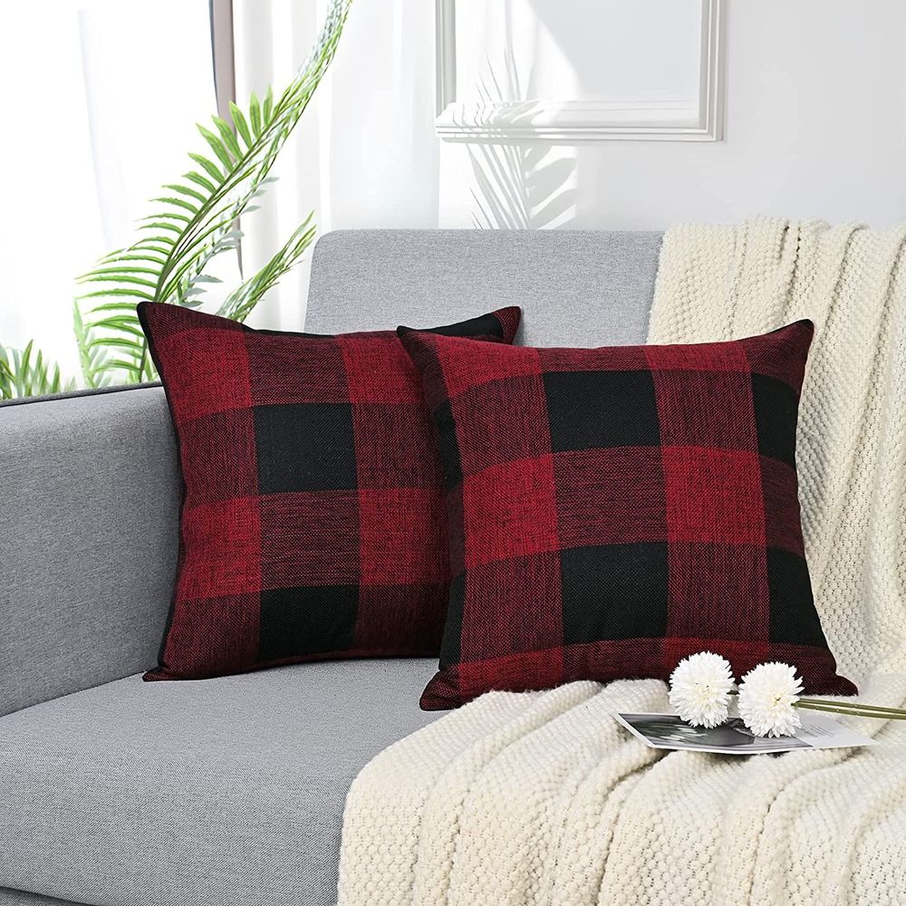 2PCS Buffalo Check Plaid Throw Pillow Covers Throw Pillows Farmhouse Square Pillow Cases for Halloween Fall Home Decor, Orange 18 x 18 Inches