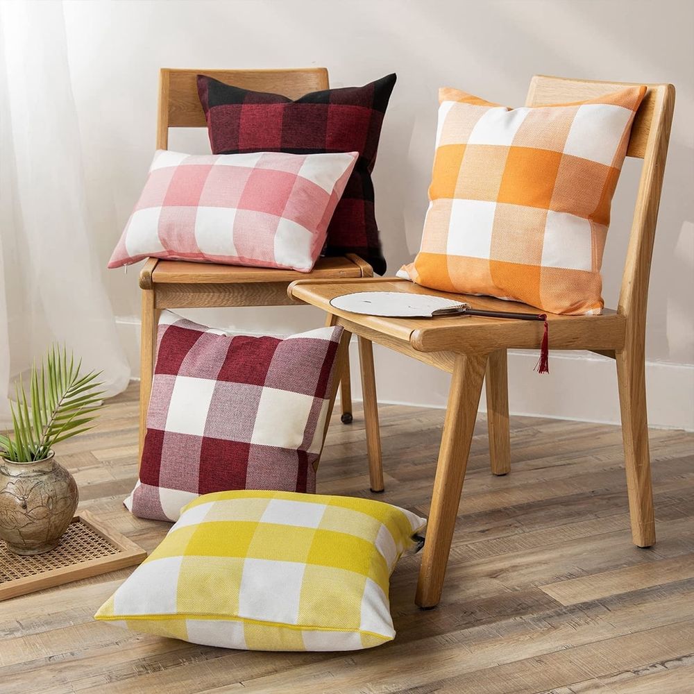 2PCS Buffalo Check Plaid Throw Pillow Covers Throw Pillows Farmhouse Square Pillow Cases for Halloween Fall Home Decor, Orange 18 x 18 Inches