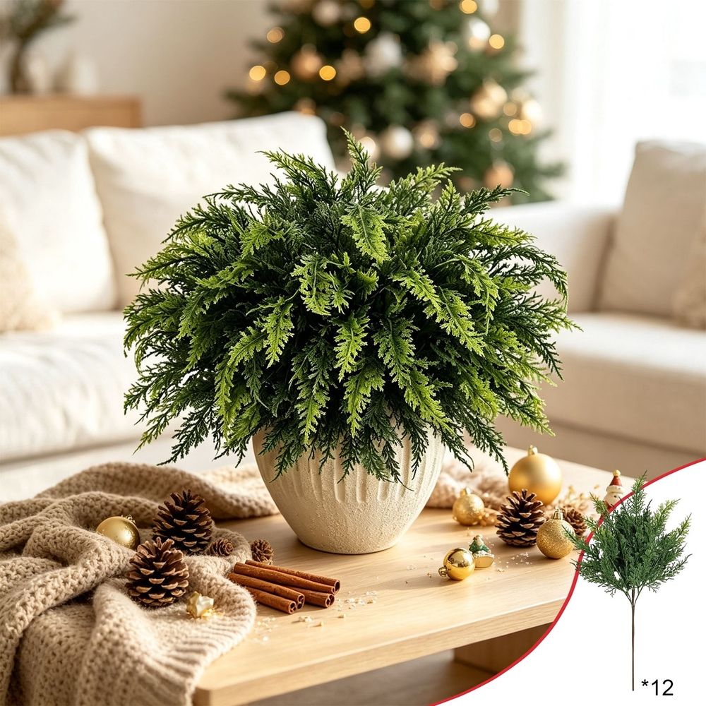 Artificial Cedar Bush Faux Green Fern Stems For Vase Indoor Decor | 12 Pack Plastic Greenery Branches for Home Living Room Table Entryway Window Display | Floral Arrangement for Shelf Centerpiece