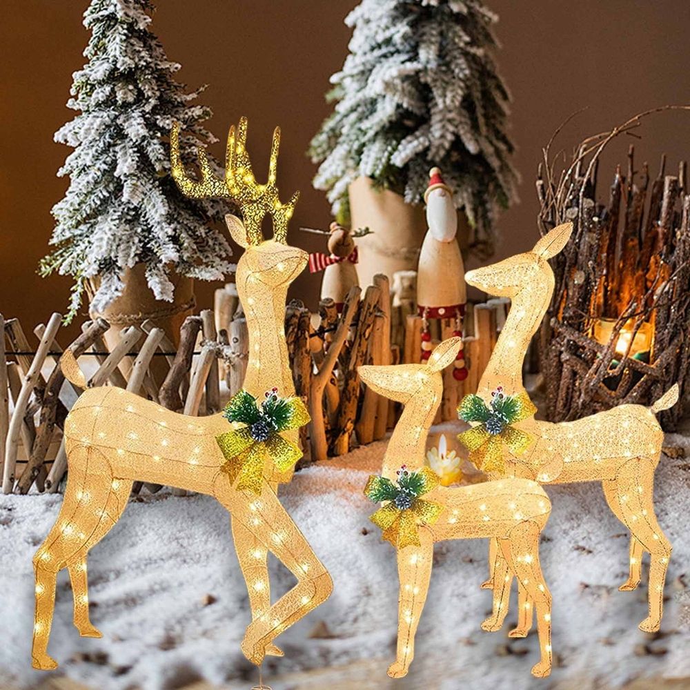 3 Pcs Christmas Lights Reindeer Decoration Outdoor Deer Family with Warm White Led Lights Garden Ground Plug Yard Decoration Christmas Decorations Outdoor Christmas Gifts