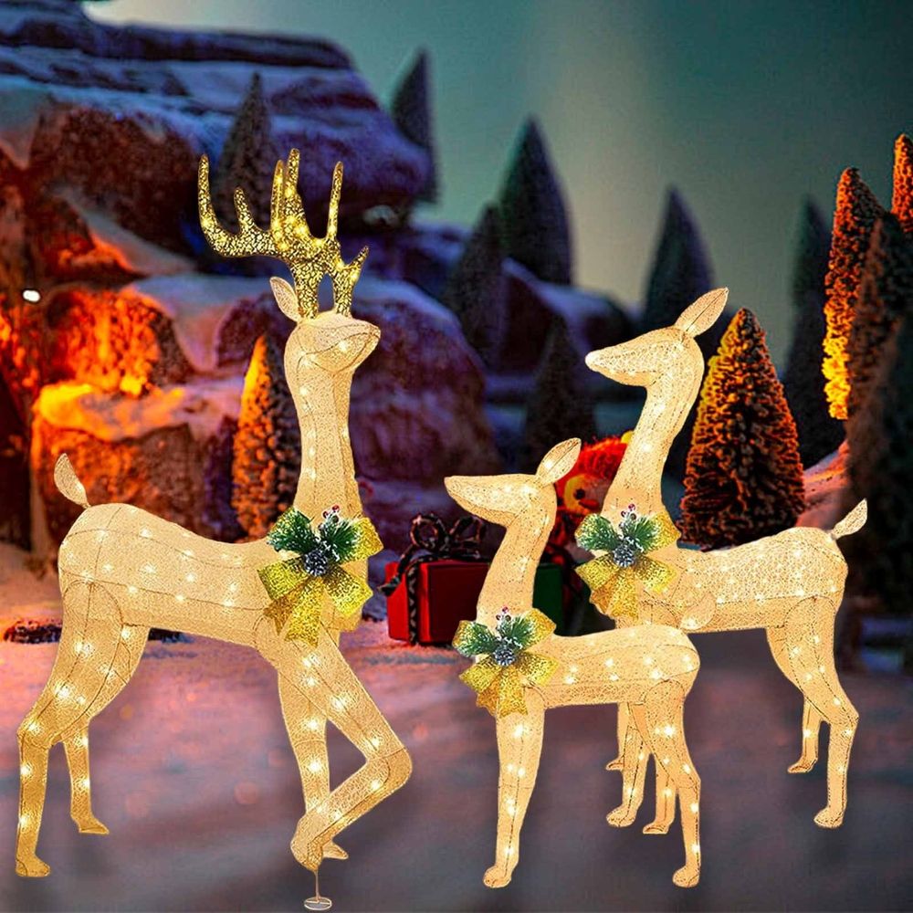 3 Pcs Christmas Lights Reindeer Decoration Outdoor Deer Family with Warm White Led Lights Garden Ground Plug Yard Decoration Christmas Decorations Outdoor Christmas Gifts