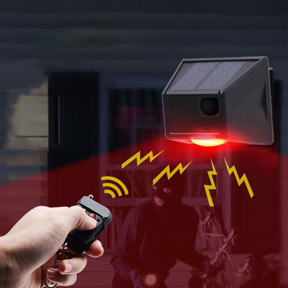 Outdoor Motion Sensor Alarm with Remote Control, IP65 Waterproof Solar Powered Alarm Light, 129dB Siren and Flashing Red LED for Farm Pond Driveway, 5 8m Sensing Distance