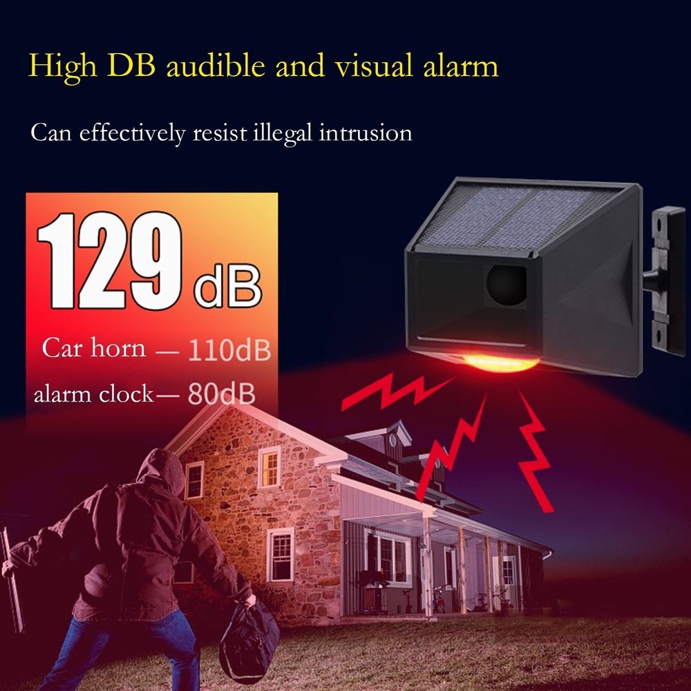 Outdoor Motion Sensor Alarm with Remote Control, IP65 Waterproof Solar Powered Alarm Light, 129dB Siren and Flashing Red LED for Farm Pond Driveway, 5 8m Sensing Distance