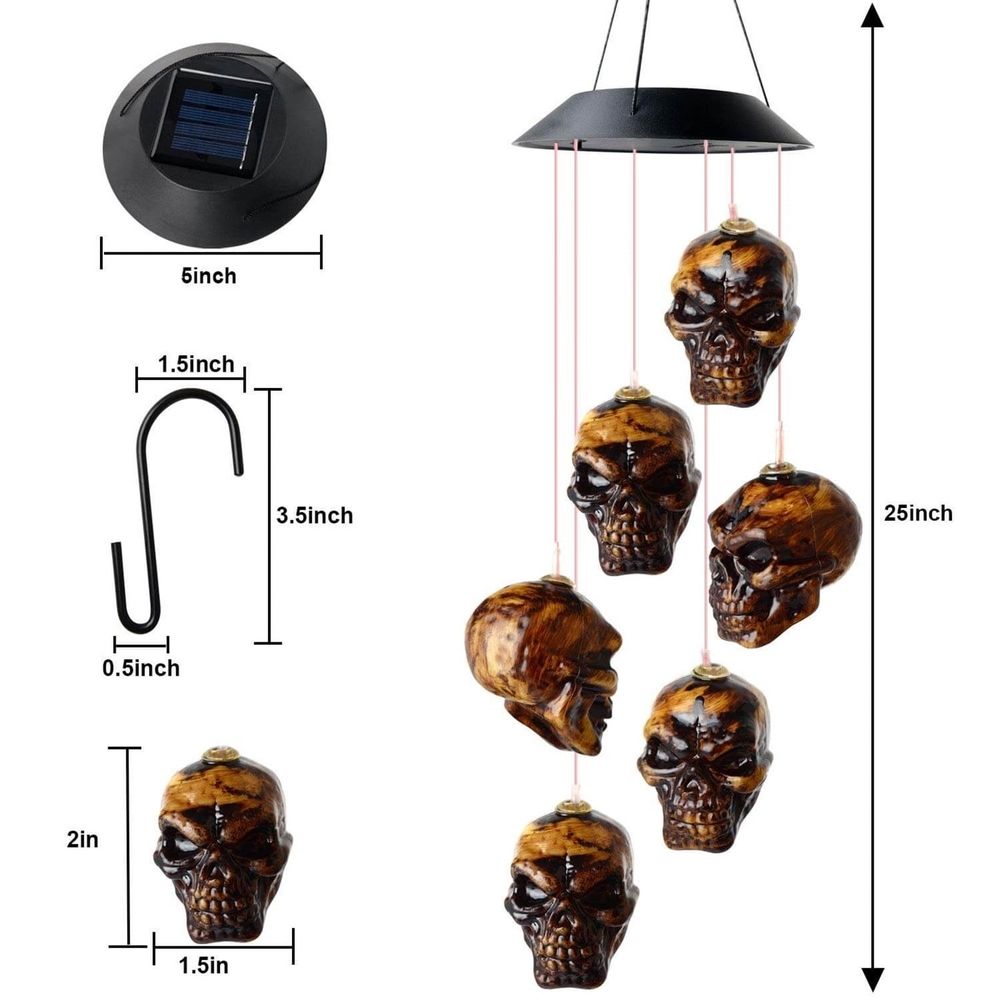 Solar LED Skull Wind Chime for Outdoor Garden Decor, Color Changing Night Light with 6 Skulls, Auto Charging and Light Sensor for Patio Yard Porch