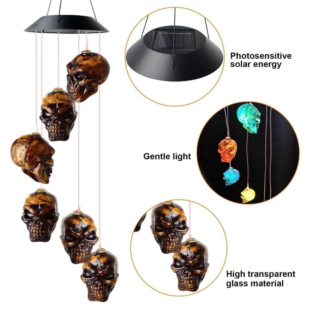 Solar LED Skull Wind Chime for Outdoor Garden Decor, Color Changing Night Light with 6 Skulls, Auto Charging and Light Sensor for Patio Yard Porch