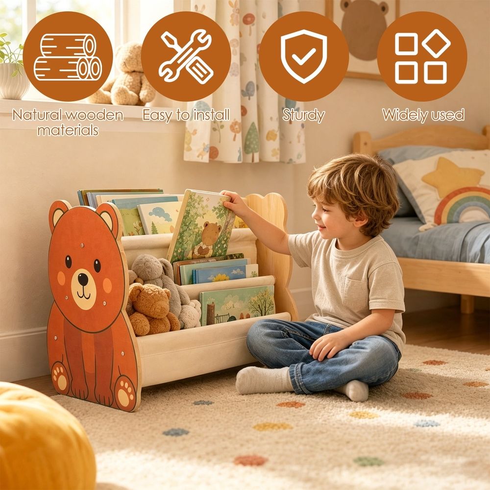 Double Sided Kids Bookshelf, Kid Friendly Low Height Structure, for Baby Nursery Room, Playroom Classroom or Bedroom Storage Organizer