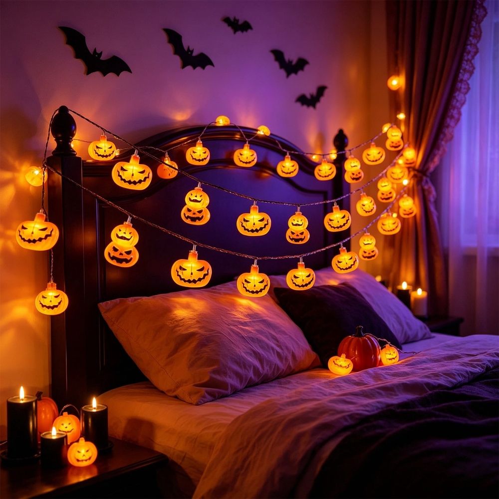 Orange Halloween Lights, 1.5M 10 Light Plastic String Lights, Warm Yellow Glow, Battery Operated, Waterproof Battery Box, Indoor Outdoor Use, for Halloween Decorations Party