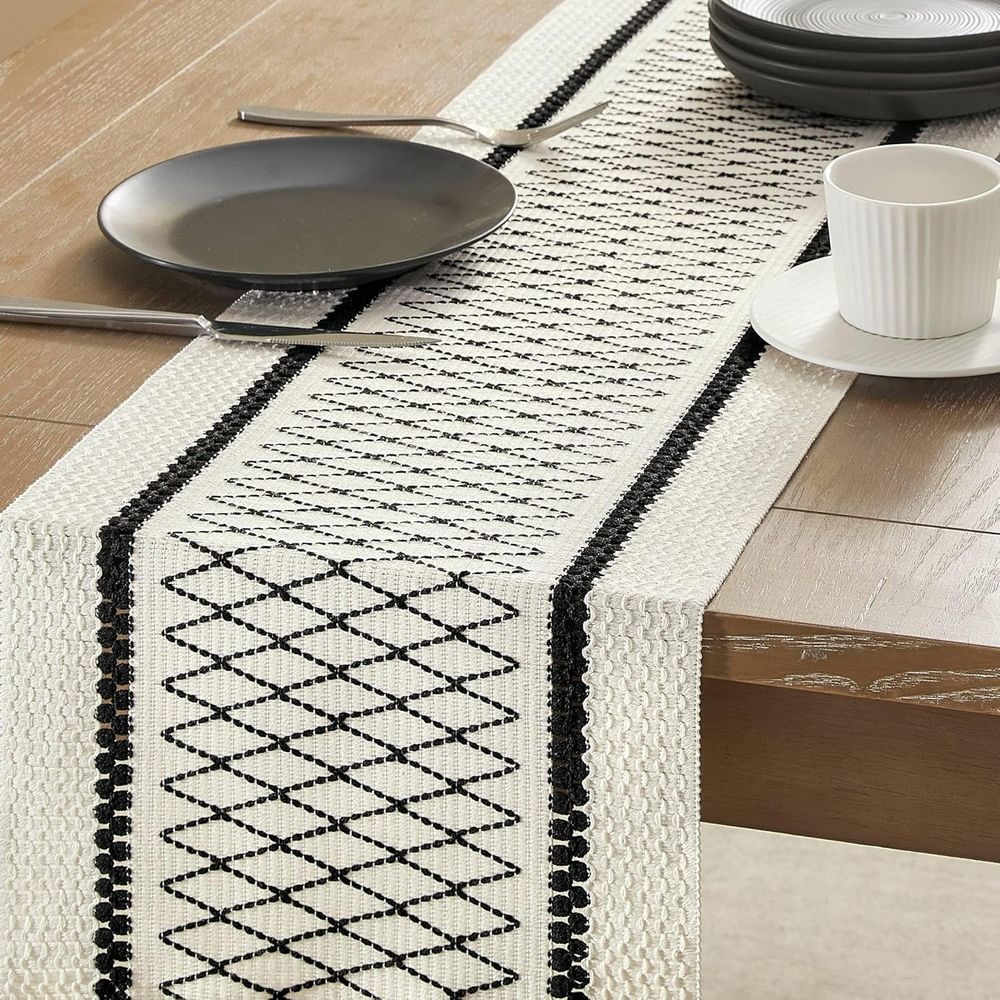 Farmhouse Woven Table Runner with Tassels Rustic Cotton Linen Table Runner 72 inches Long for Spring Table Decor Dining Table Home Decor Daily Use
