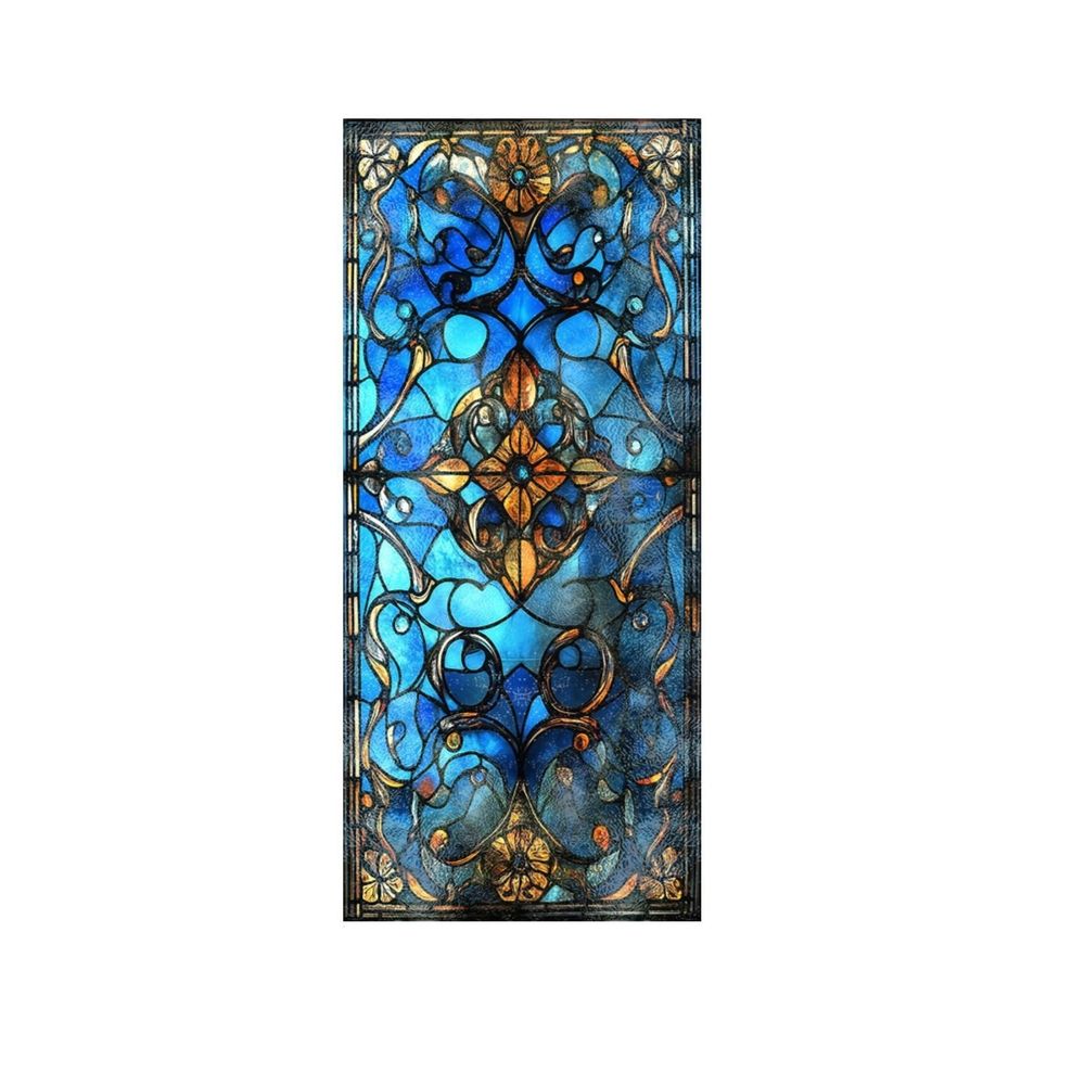 Stained Glass Window Privacy Film,Static Cling Blue Decorative Window Cling,UV Blocking Removable Translucent Film for Home Glass Door,17.5x39.3in
