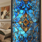 Stained Glass Window Privacy Film,Static Cling Blue Decorative Window Cling,UV Blocking Removable Translucent Film for Home Glass Door,17.5x39.3in