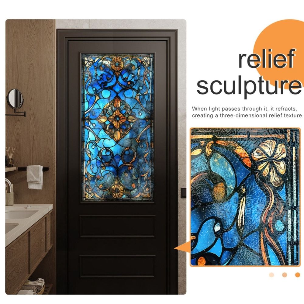 Stained Glass Window Privacy Film,Static Cling Blue Decorative Window Cling,UV Blocking Removable Translucent Film for Home Glass Door,17.5x39.3in