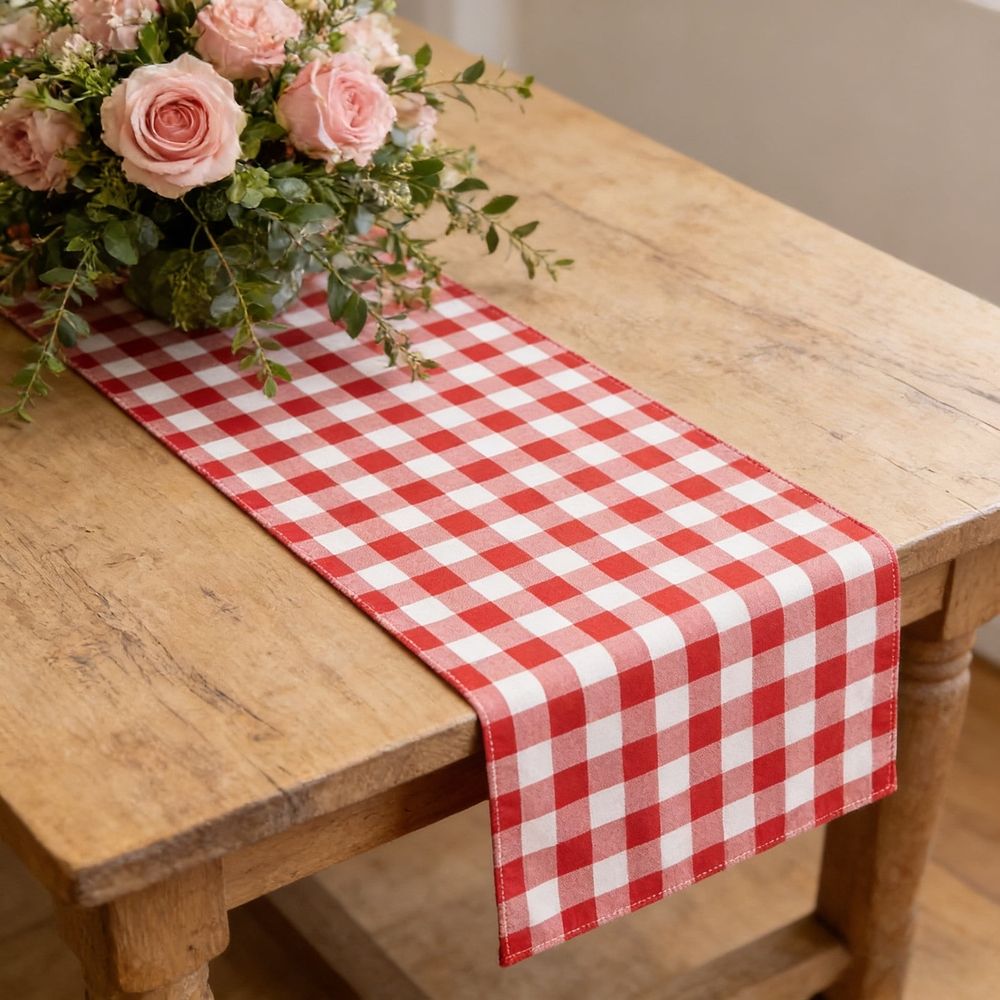13x72in Linen Table Runner,Red and White Buffalo Plaid Checkered Scarf,Farmhouse Decorative Runner for Dining Room,Kitchen,Christmas Thanksgiving Holiday Party