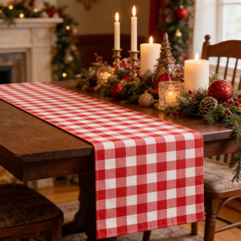 13x72in Linen Table Runner,Red and White Buffalo Plaid Checkered Scarf,Farmhouse Decorative Runner for Dining Room,Kitchen,Christmas Thanksgiving Holiday Party