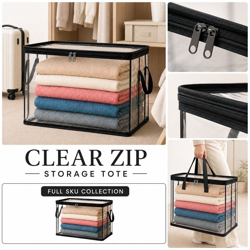 Storage Bins, Pvc Black Toy Storage Bag, Clear StorageBins with Zipper, The Clear Storage（6 Pack）