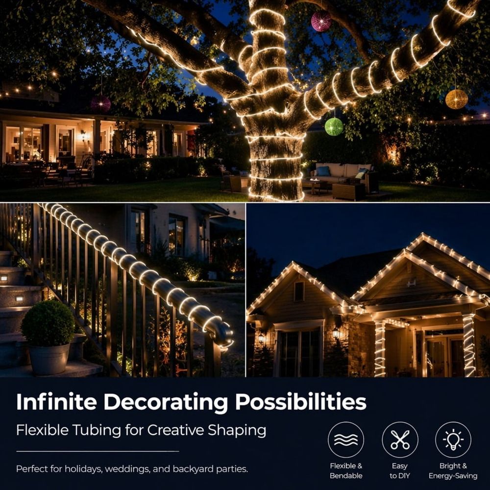 Solar Rope Lights Outdoor Waterproof LED 8 Modes 72.18ft 200 LEDs String Lights Holiday Garden Decoration Lighting, White