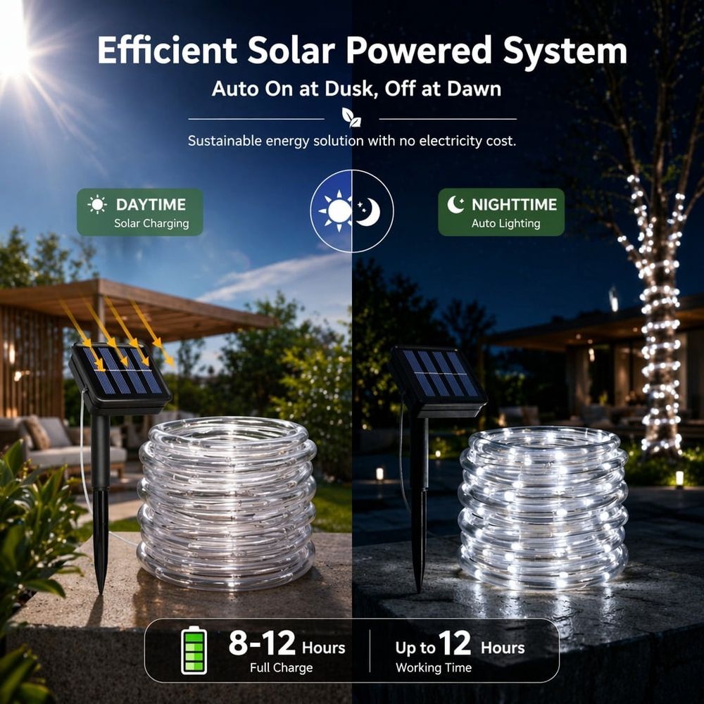 Solar Rope Lights Outdoor Waterproof LED 8 Modes 72.18ft 200 LEDs String Lights Holiday Garden Decoration Lighting, White
