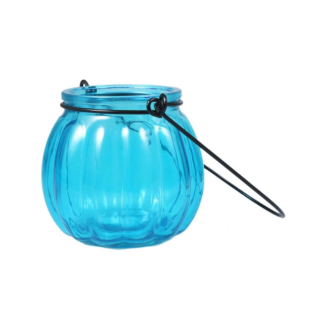 Blue Glass Pumpkin Candle Holder, Classic Tealight for Warm Glow Decor