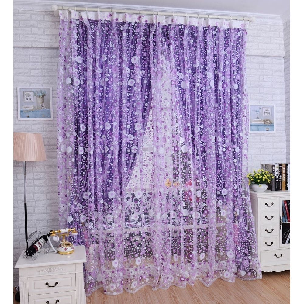1 Pc Organza Curtain (200Cm X 100Cm) Door Divider Voile Print Window Floral Curtain Room Curtain Decor