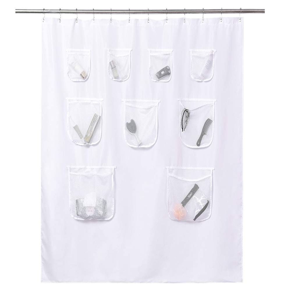 Extra Long Fabric Shower Curtain or Liner With 9 Mesh Pocket 71 X 84 Inch Water Odorless Washable and Proof Shower Curtain