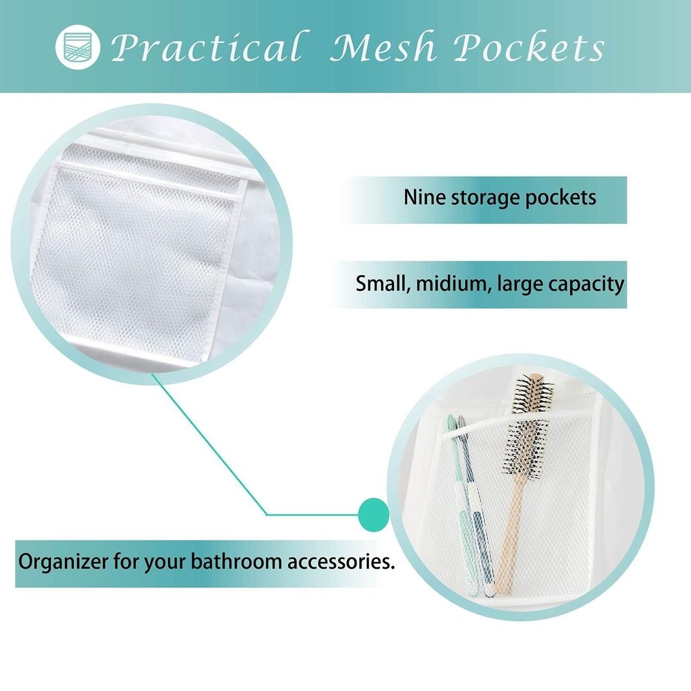 Extra Long Fabric Shower Curtain or Liner With 9 Mesh Pocket 71 X 84 Inch Water Odorless Washable and Proof Shower Curtain