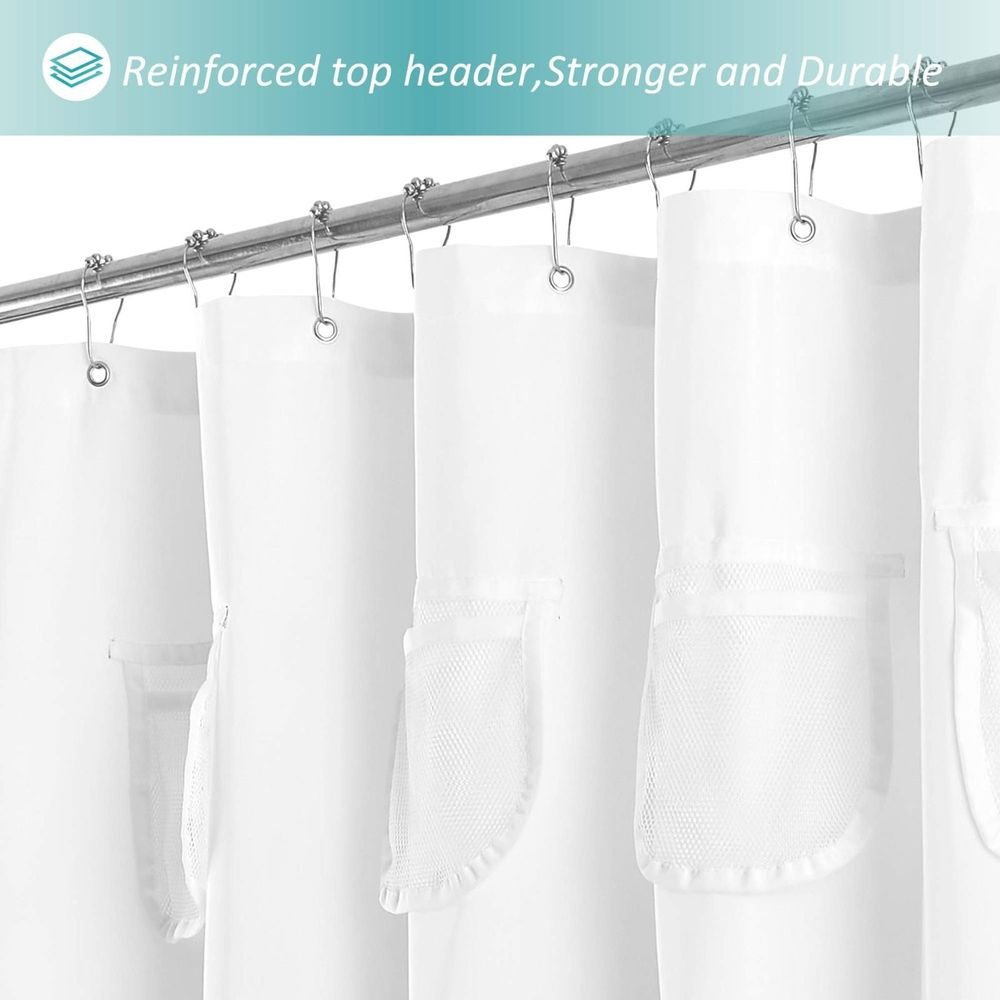 Extra Long Fabric Shower Curtain or Liner With 9 Mesh Pocket 71 X 84 Inch Water Odorless Washable and Proof Shower Curtain