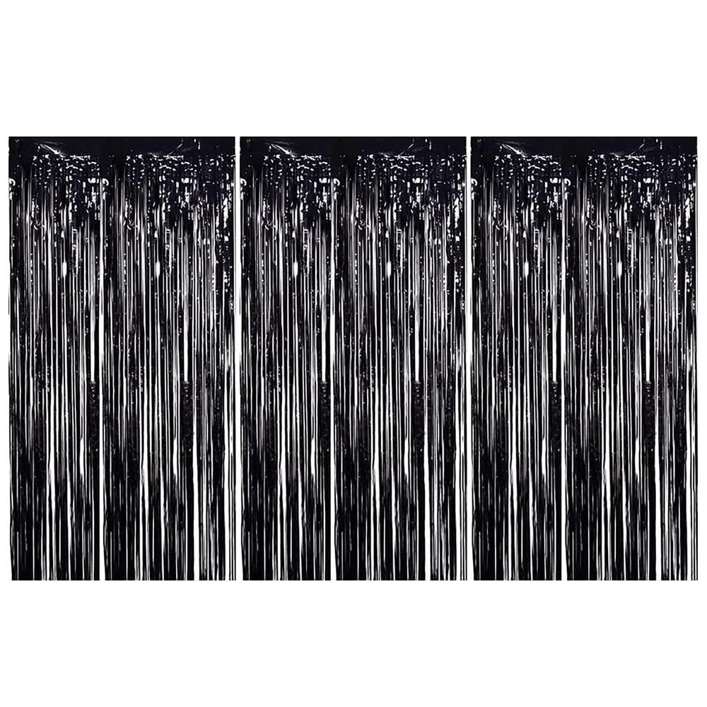 3X Black Rain Silk Curtain 3Pcs Black Metallic Foil Fringe Curtains Black Photo Booth Streamer Curtain Photo Booth Props Party Birthday Halloween Christmas New Year Decor Curtain
