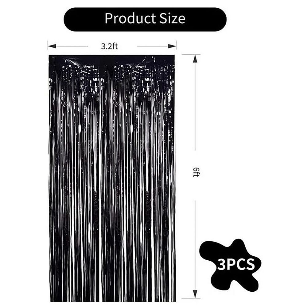 3X Black Rain Silk Curtain 3Pcs Black Metallic Foil Fringe Curtains Black Photo Booth Streamer Curtain Photo Booth Props Party Birthday Halloween Christmas New Year Decor Curtain