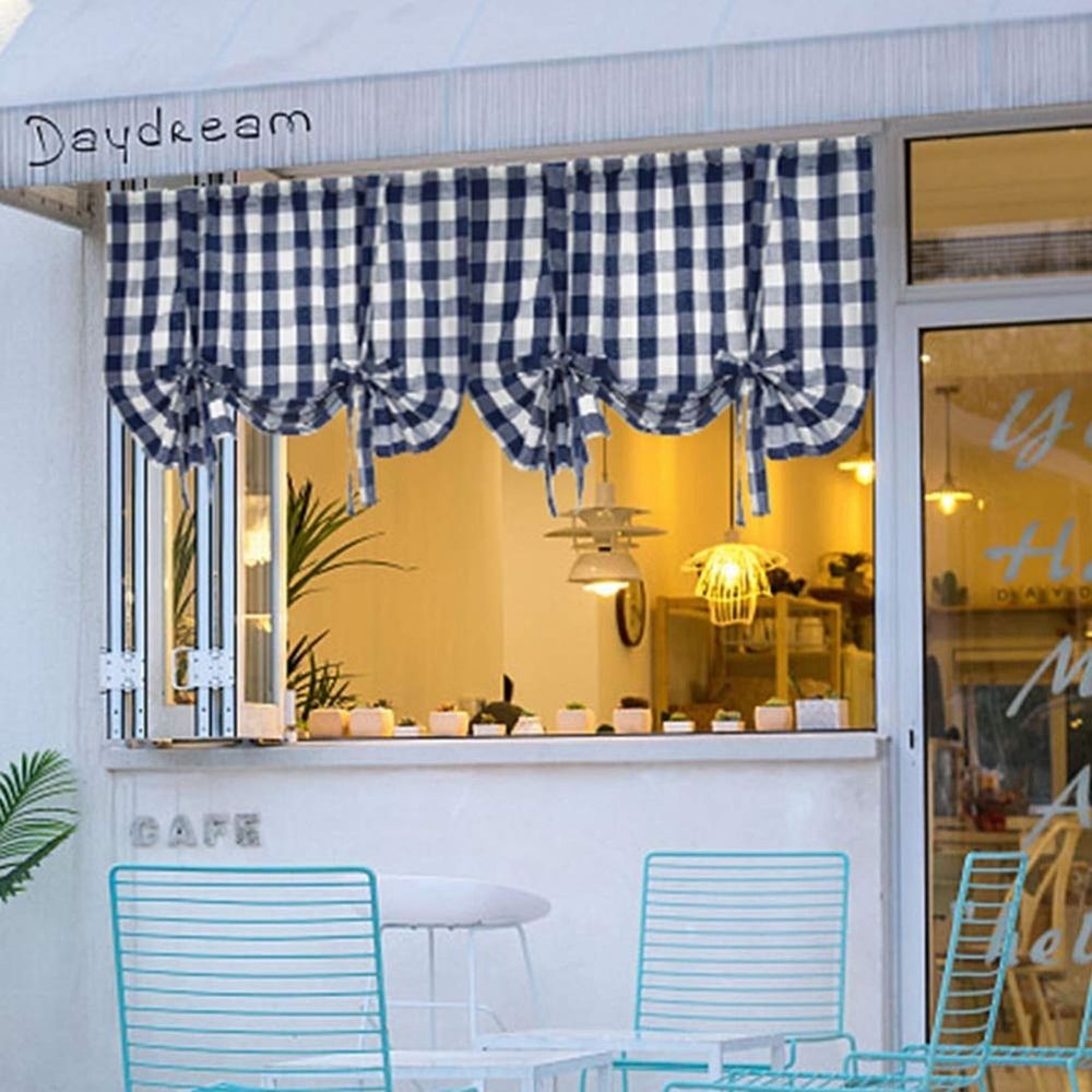 1*Curtain Blue and White Check Up Curtains Farmhouse Thermal Insulated Window Adjustable Balloon Curtain for Small Window Curtain