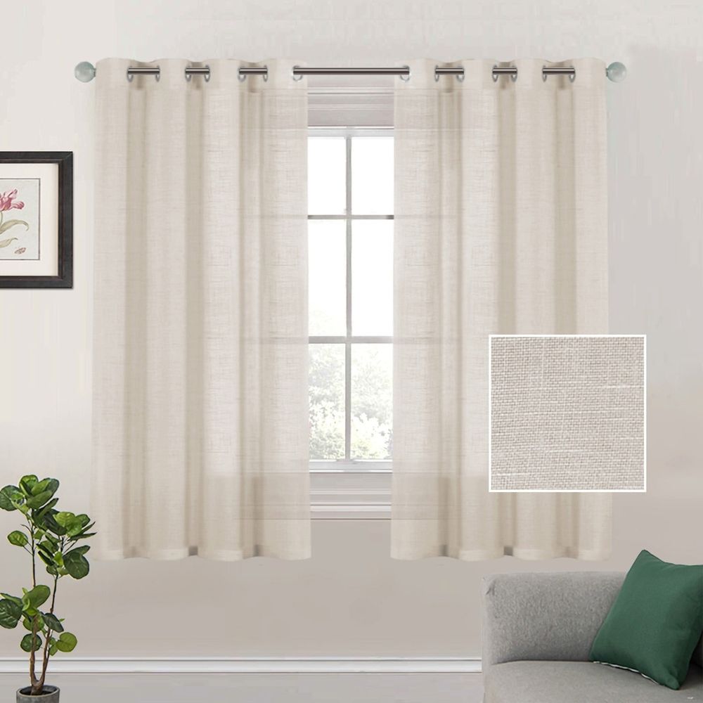 2 Curtains Linen Sheer Curtains 63 Inch Length Semi Sheer Curtains Silver Linen Curtain Panels for Living Room/Bedroom Light Filtering Curtains 2 Panels