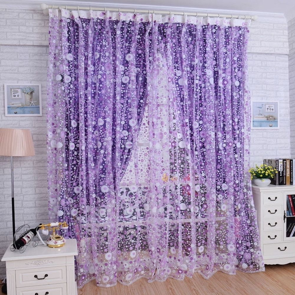 1 Pc Organza Curtain (200Cm X 100Cm) Door Divider Voile Print Window Floral Curtain Room Curtain Decor