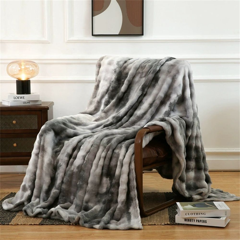 Ruched Luxury Faux Fur Throw Blanket black Tie-dye Rabbit Fur Blanket for Couch, Living Room, Fuzzy, Soft, Plush, Cozy, Elegant with Reversible Mink Blanket black, 59"x78
