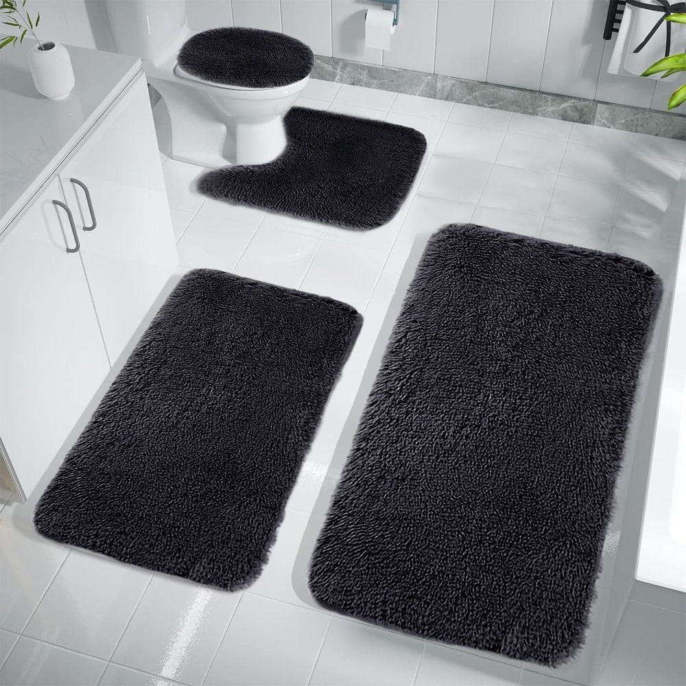 Absorbent 4-Piece Microfiber Bath Rug Set | Non-Slip Bathroom Rug, Contour Mat & Toilet Seat Cover, Machine Washable, Dark Gray