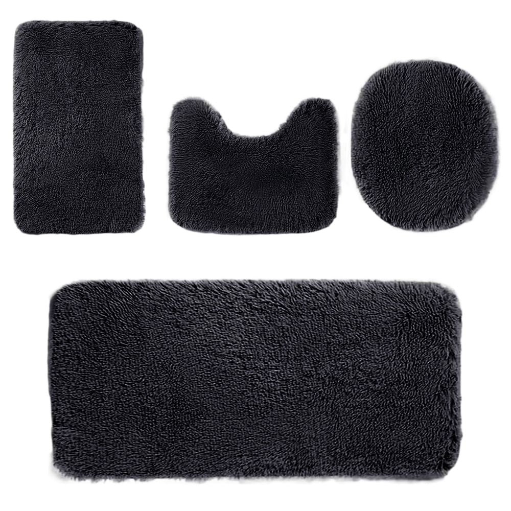 Absorbent 4-Piece Microfiber Bath Rug Set | Non-Slip Bathroom Rug, Contour Mat & Toilet Seat Cover, Machine Washable, Dark Gray