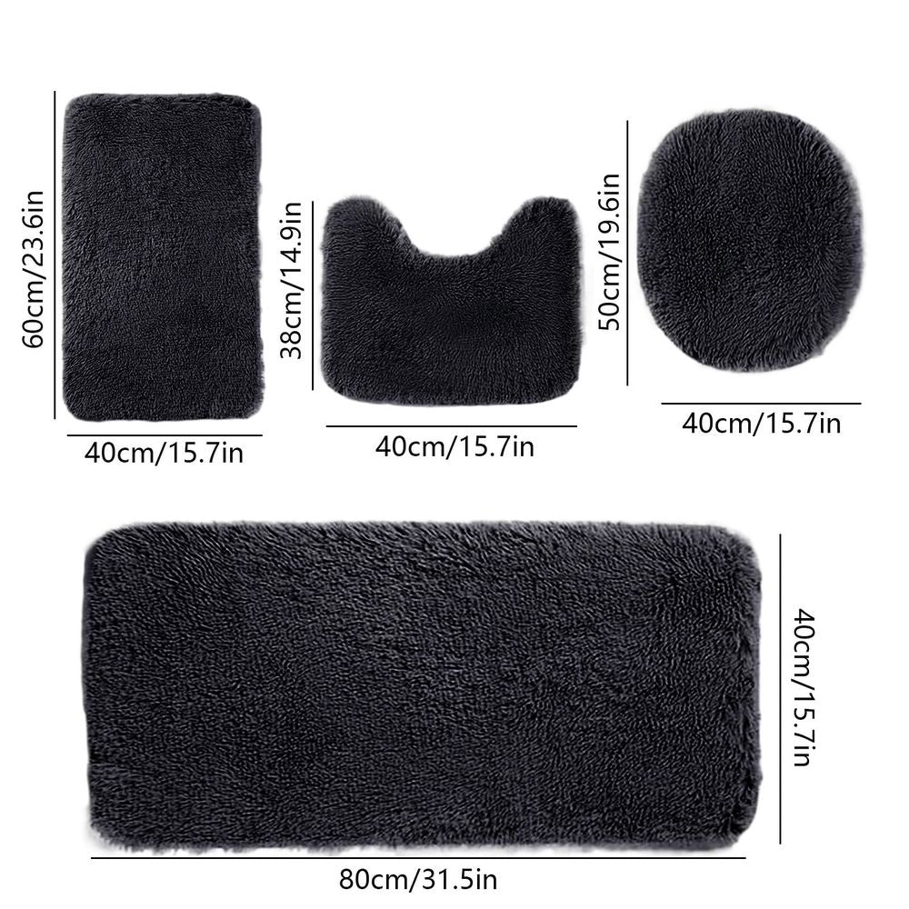 Absorbent 4-Piece Microfiber Bath Rug Set | Non-Slip Bathroom Rug, Contour Mat & Toilet Seat Cover, Machine Washable, Dark Gray